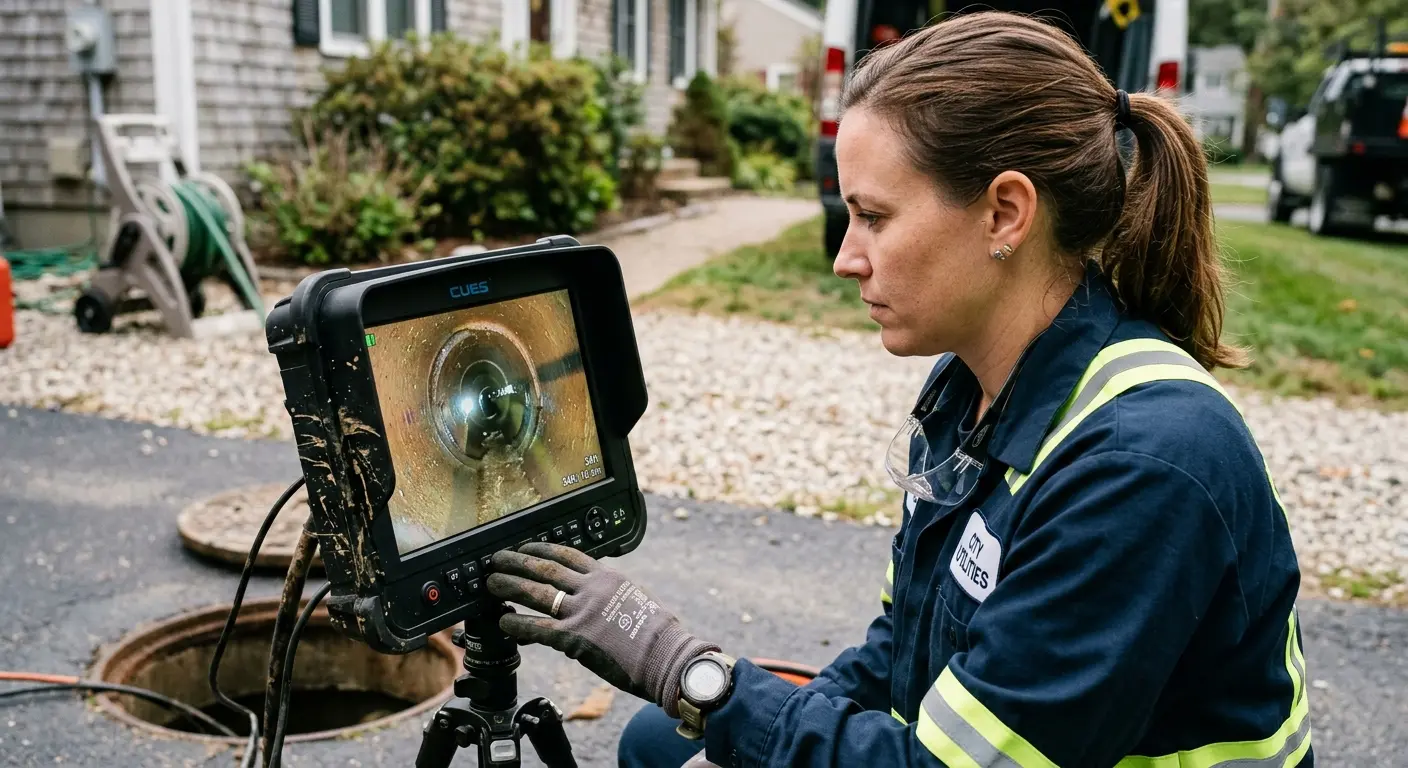 Technician reviewing sewer camera inspection footage in Metropolis