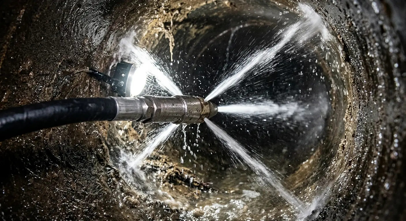 High-pressure hydro jetting nozzle cleaning sewer pipe for Emergency Drain Service in Metropolis