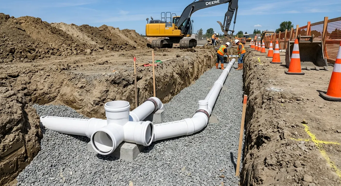 New PVC sewer pipe installation in open trench for Sewer Backup in Metropolis