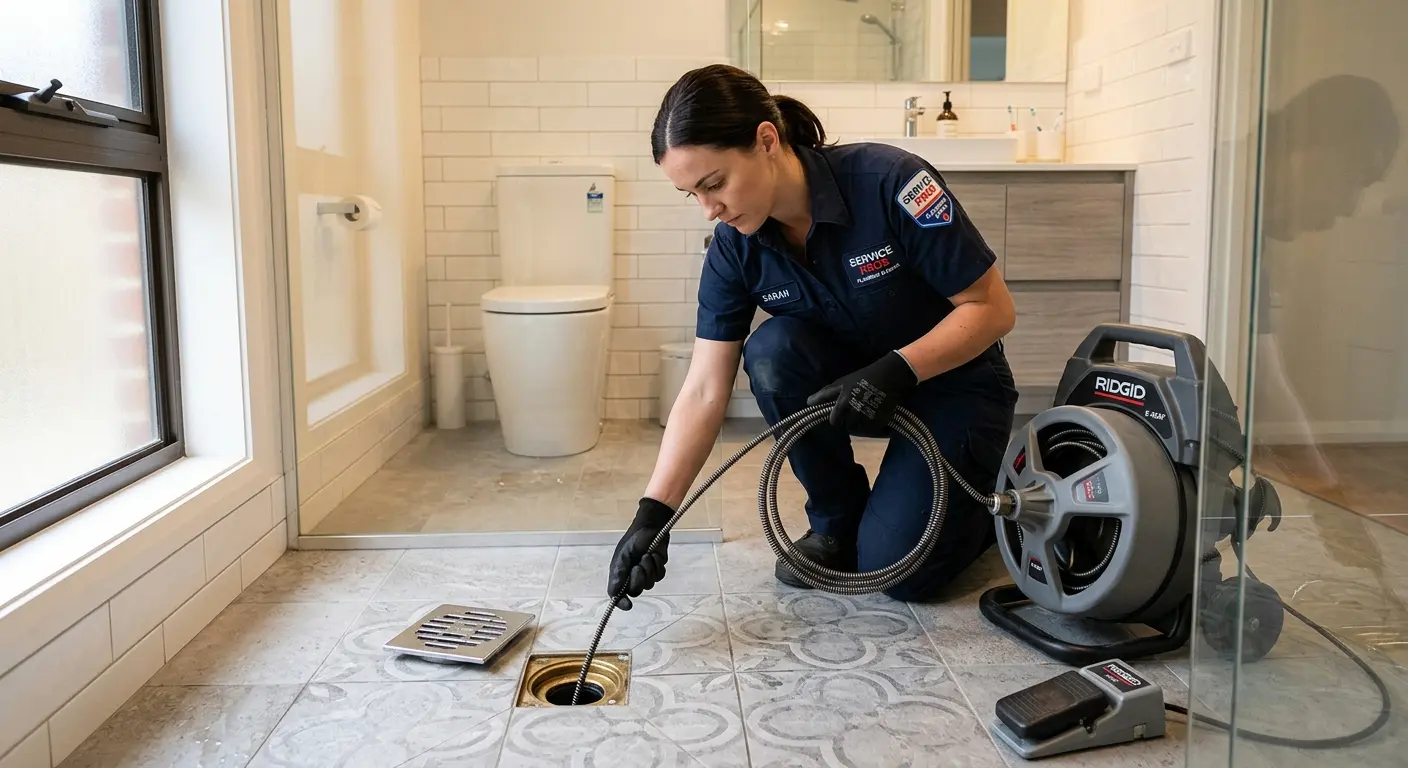 Technician clearing a bathroom floor drain for Drain Cleaning in Metropolis
